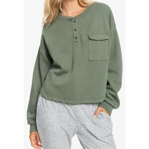 Roxy Womens Henley Sweatshirt Large Green Oversized Cozy Relaxed Loungewear